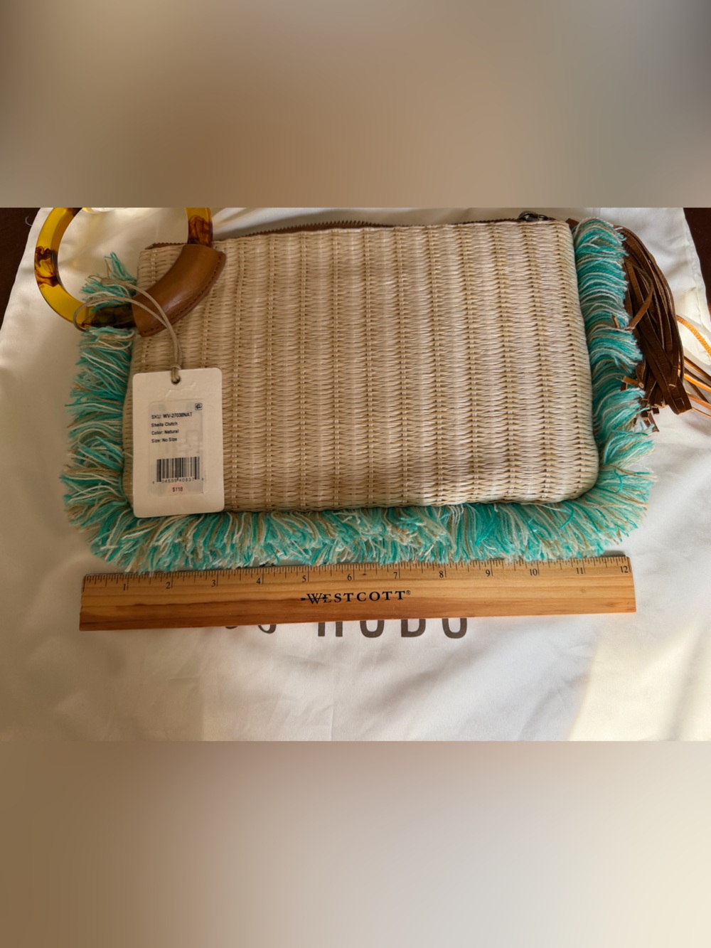 Woven Straw Clutch with Teal Fringe and Tortoiseshell Handle